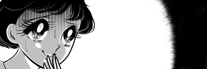 70年代白黒ペン画少女漫画ゾッとして怯える黒髪の女の子のホラーイラスト