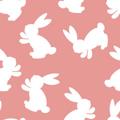 Seamless pattern with white silhouette Easter rabbits on pink background. Design for card, postcard, wallpaper, fabric, textile. Vector stock illustration. Cartoon style