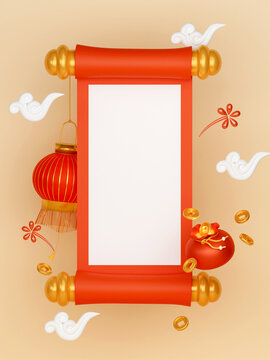 Red chinese new year lantern with scroll paper background with copy space for product and text, 3D render Illustration