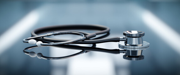 Stethoscope on a mirror surface in a hospital interior - 3d illustration symbolizing a medical clinic