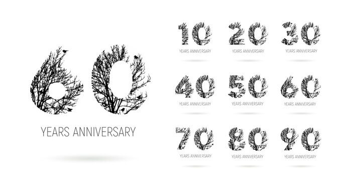 Anniversary set of icons. Flat design. 10, 20, 30, 40, 50, 60, 70, 80, 90, birthday logo label in the image of a tree crown, black and white printing. Vector illustration. Isolated on white background