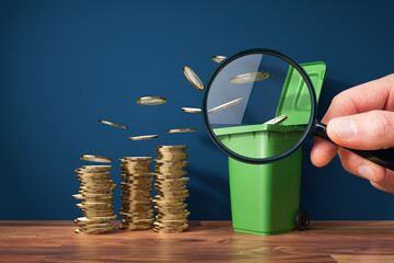 Inflation concept with coins and garbage can