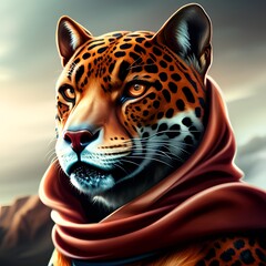 Portrait of a Anthropomorphic Jaguar. Digital illustration. Generative AI.