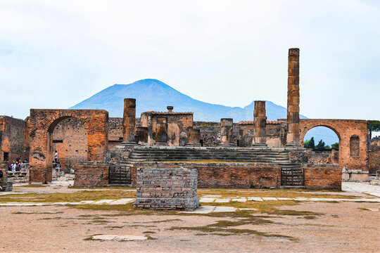 Pompeii ruins and Mt Vesuvius from afar