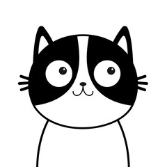 Black white cat head face line contour silhouette icon. Funny kawaii smiling doodle animal. Cute cartoon funny character. Pet collection. Flat design Baby background