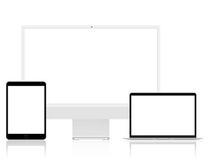 Mockup of digital devices isolated on white background. Display, laptop and tablet pc with empty screens
