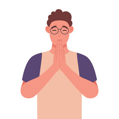 Curly young man in glasses in closed eyes praying hands together. Vector illustration.