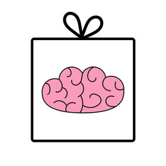 Human brain in gift box with bow. Contour line icon. Flat design. White background. Isolated.