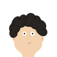 Man face portrait. Guy face head. Smiling happy emotion. Cute cartoon funny character. Black hair. Curl hairstyle. Successful businessman. Avatar for social network. Flat design. White background.