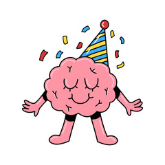 Brain emotion vector cartoon character cute happy face kawaii celebrate birthday cone hat satisfied happy isolated on white background