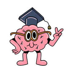 Brain vector cartoon character kawaii wear bachelor hat smart glasses celebrate intelligent clever student isolated on white background
