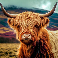 scottish highland cow in a pasture, Generative AI Illustration - obrazy, fototapety, plakaty
