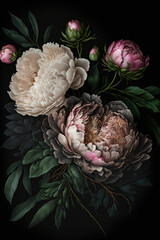 A bouquet of peonies poster in black background 