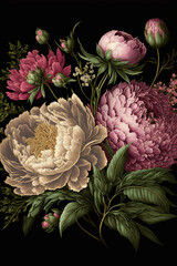 A bouquet of peonies poster in black background 