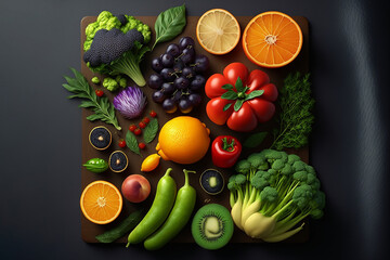 Top view fruit and vegetables composition. Ai generated art
