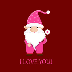 Gnome in pink holding cute flower