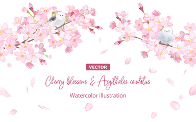 春の花：さくらとエナガの水彩イラスト。アーチ型フレームデザイン。（ベクター。レイアウト変更可能）　
