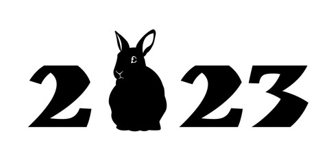 Black silhouette of a rabbit isolated on white background. Happy New Year 2023 text design. Brochure design template, card, banner. Vector illustration. Isolated on white background