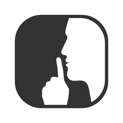 No talking please. Head human silhouette with finger on lips. Sign ask for silence isolated on white background. Vector illustration