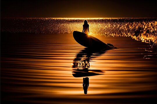 Silhouette of a woman on a surfboar .Generative AI.