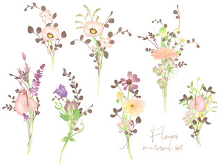 水彩調パステルカラーの花の素材セット2（ピンク）