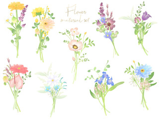 水彩調パステルカラーの花の素材セット（カラフル）