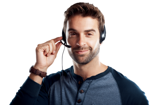 A handsome young man using a headset isolated on a PNG background.