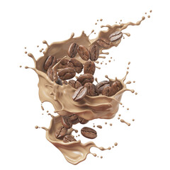 Milk coffee splash with Coffee Bean falling, 3d illustration.