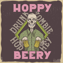 A skeleton with 2 glasses of beer in its hands smiling.