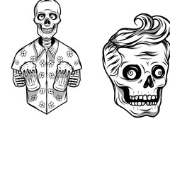 A skeleton holding 2 glasses of beer and a skull with hair.