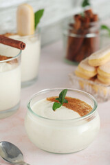 Glasses with traditional Italian dessert Zabaione made of eggs, sugar and wine	