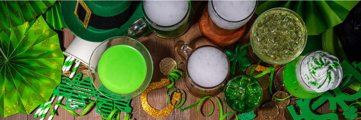 St Patrick's Day bar menu background. Set various golden, green beer glasses, different cocktails...