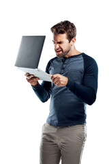 A handsome young man using a laptop and looking stressed isolated on a PNG background.