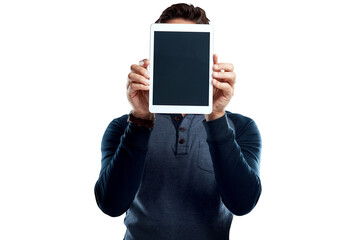 A young man holding a digital tablet with a blank screen isolated on a PNG background.