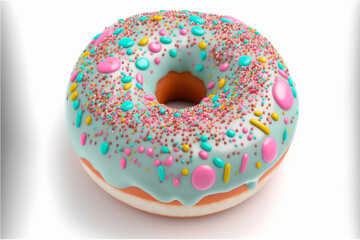 Obraz na płótnie Canvas Donut, green pastel color glazed, with colorful sprinkles decorated, isolated on white. AI generative