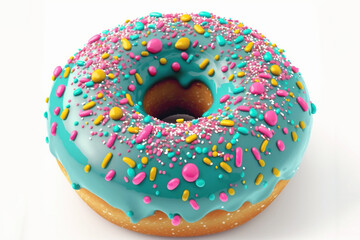 Fototapeta na wymiar Donut, green pastel color glazed, with colorful sprinkles decorated, isolated on white. AI generative