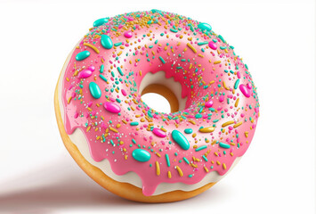 Obraz na płótnie Canvas Donut, pink color glazed, with colorful sprinkles decorated, isolated on white. AI generative