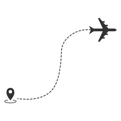 Airplane line path of air plane flight route with start point and dash line trace. Vector illustration