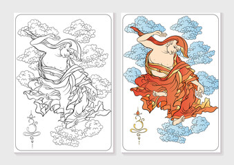 Buddha on the background of clouds and the symbol OM. Coloring page for the adult coloring book with colored sample. Vector illustration.