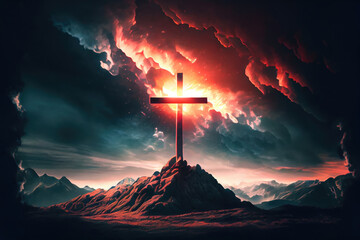 The cross sits at the top of the mountain, and the light shines on Calvary Hill. at sunrise concept of ascension day Christian Easter. Hope, Faith, Faith in Jesus Christ, Christianity Generative AI - obrazy, fototapety, plakaty