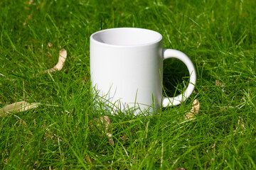 White mug on the lawn. Green grass on a sunny day
