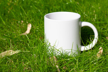 White mug on the lawn. Green grass on a sunny day - 562099192
