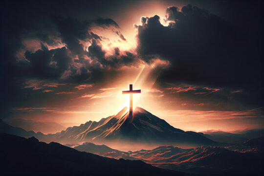 The cross sits at the top of the mountain, and the light shines on Calvary Hill. at sunrise concept of ascension day Christian Easter. Hope, Faith, Faith in Jesus Christ, Christianity Generative AI