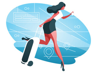 Woman with luggage and tickets in hand runs on an airplane flight