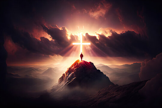 The cross sits at the top of the mountain, and the light shines on Calvary Hill. at sunrise concept of ascension day Christian Easter. Hope, Faith, Faith in Jesus Christ, Christianity Generative AI