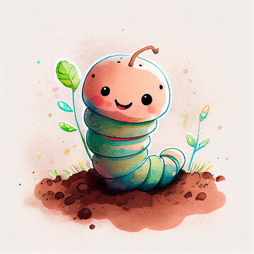 Cute caterpillar character, cartoon watercolor worm, funny hand drawn smiling garden insect personage for children book. Adorable kawaii pest, larva, lovely bug with big eyes drawing illustration