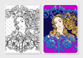 Obraz na płótnie Canvas Portrait of a woman inspired by a painting by Renaissance artist Botticelli. Coloring page for the adult coloring book. In baroque, rococo, victorian, renaissance style. Vector illustration