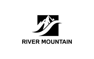 mountain river negative space square logo design