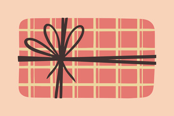 Gift box. Present package wrapped in festive paper wrapping with tied bow, ribbon, twine string. Christmas, Xmas, valentine's day, birthday and New Year present in wrapping paper.  Flat illustration.