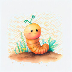 Cute caterpillar character, cartoon watercolor worm, brown funny smiling garden insect, animal personage children book illustration. Adorable kawaii pest, larva, lovely bug with big eyes